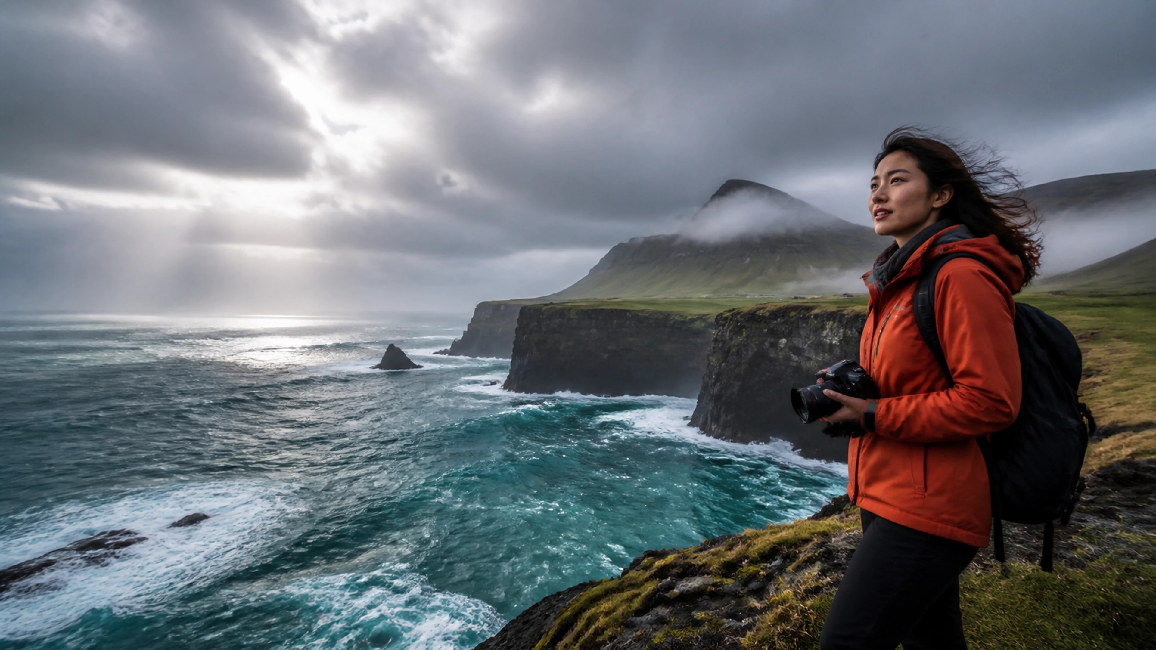 A photographer in an orange shell above turquoise waves and green coastal cliffs