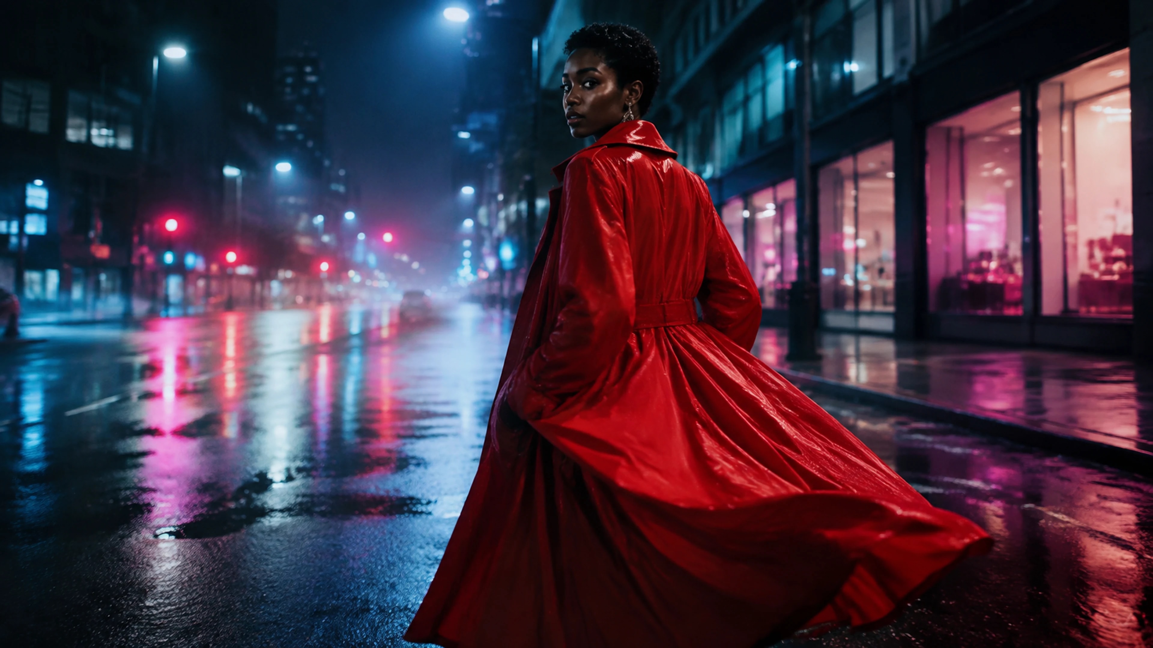 A woman in a vermilion coat on a rain-soaked street with cyan and magenta reflections